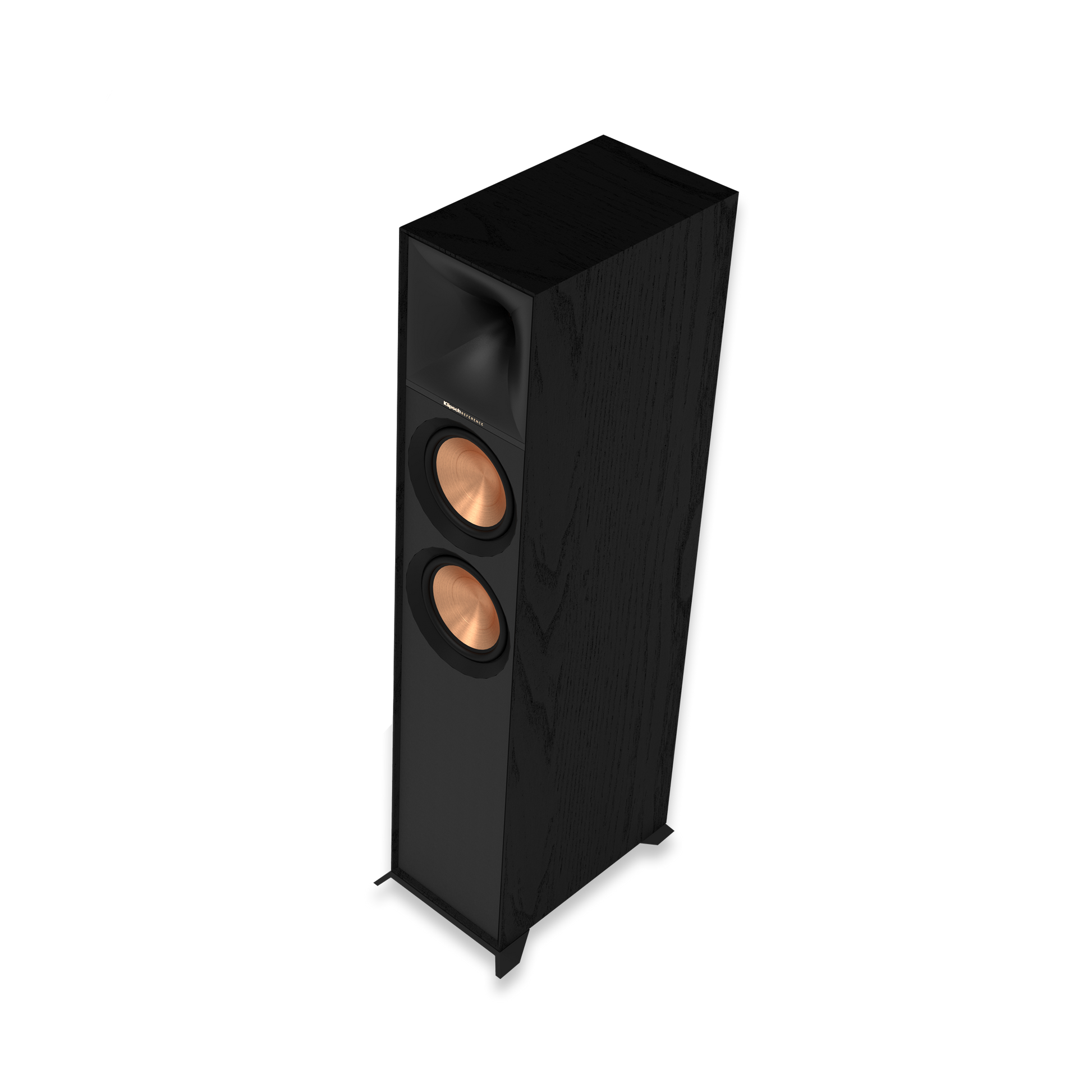 Klipsch R-800F floorstanding speaker in black textured wood grain, front view with grille removed