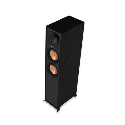 Klipsch R-800F floorstanding speaker in black textured wood grain, front view with grille removed