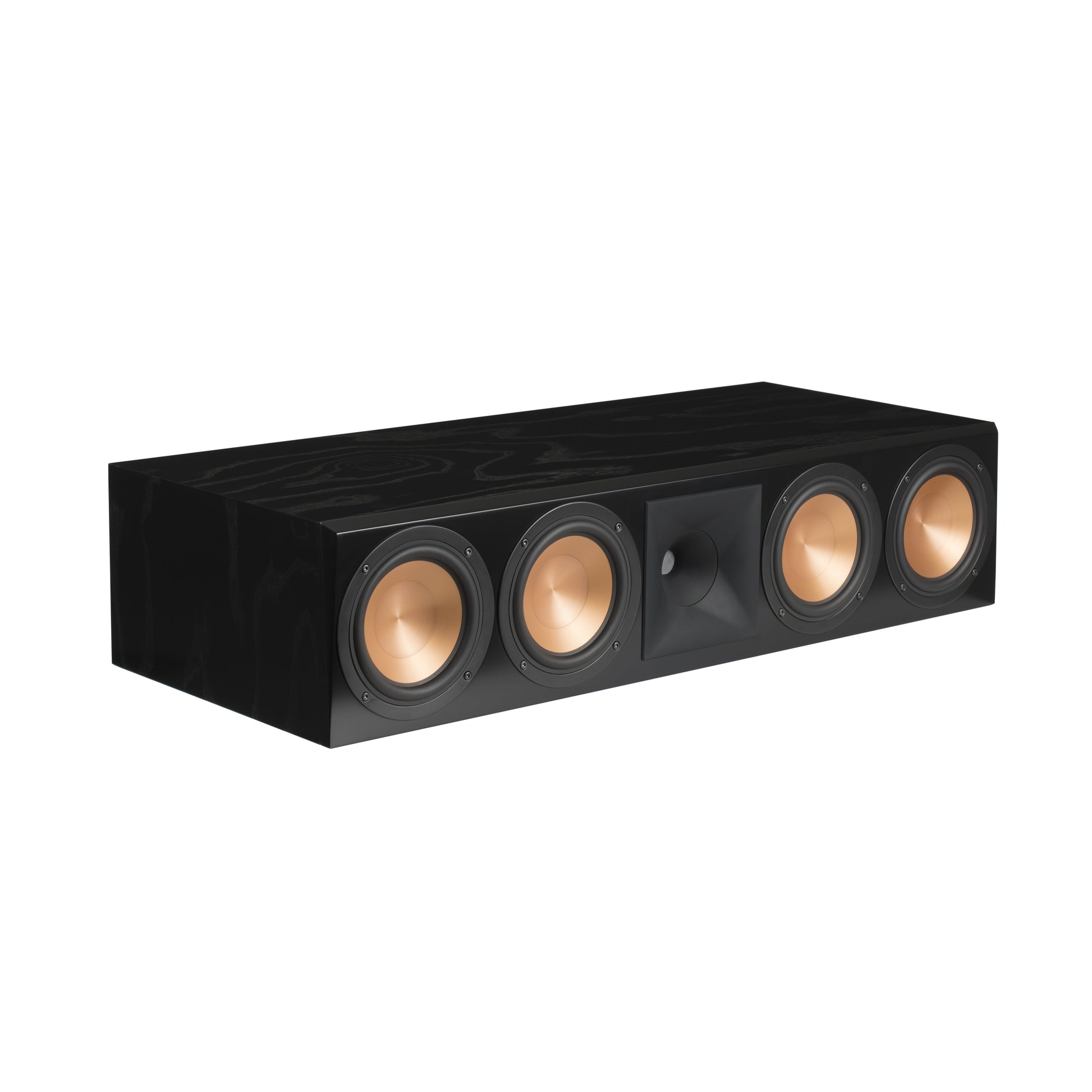 Klipsch RC-64 III center channel speaker in Black Ash, angled view with quad 6.5-inch woofers