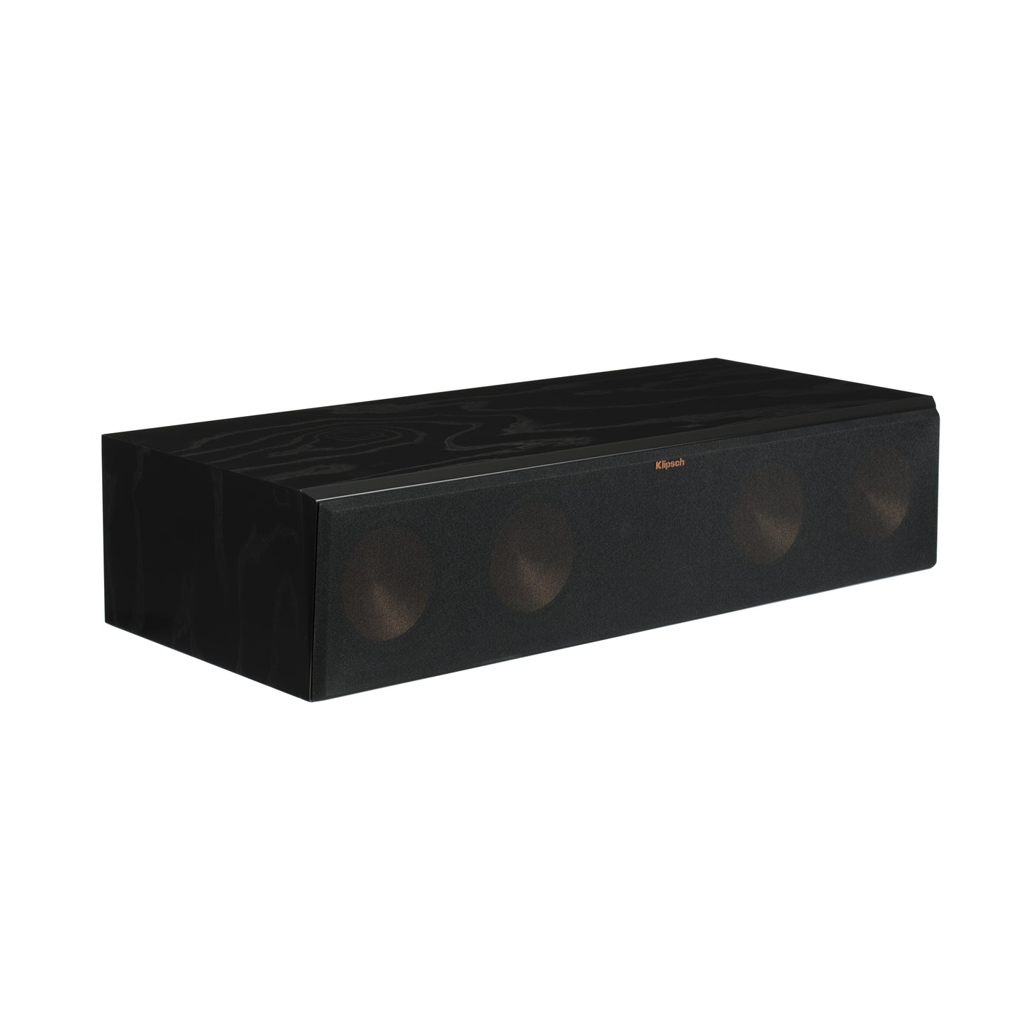 Klipsch RC-64 III in Black Ash with grille attached, angled view