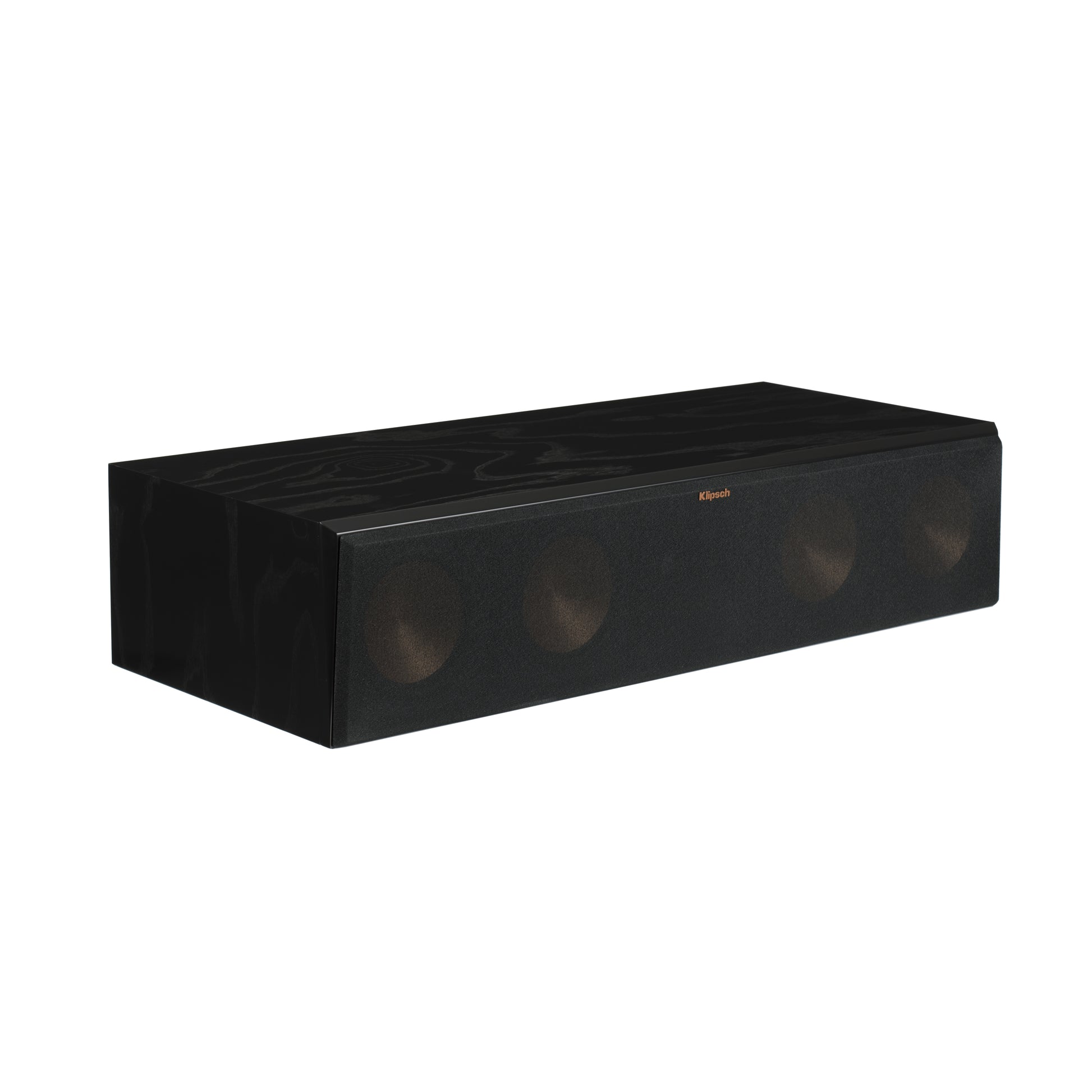 Klipsch RC-64 III in Black Ash with grille attached, angled view