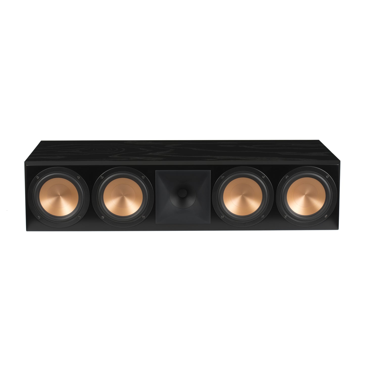 Klipsch RC-64 III front view in Black Ash showing titanium horn tweeter and four Cerametallic woofers