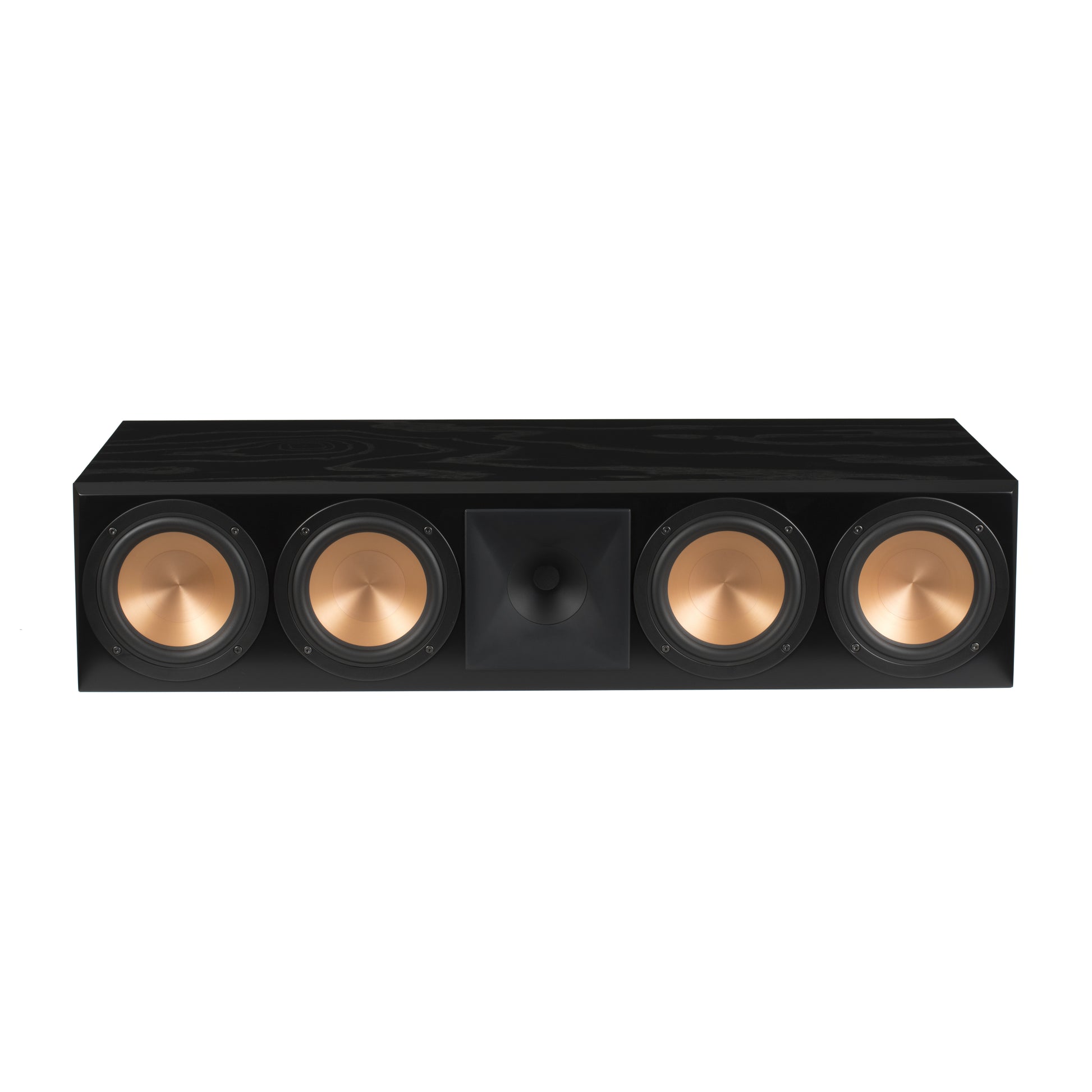 Klipsch RC-64 III front view in Black Ash showing titanium horn tweeter and four Cerametallic woofers