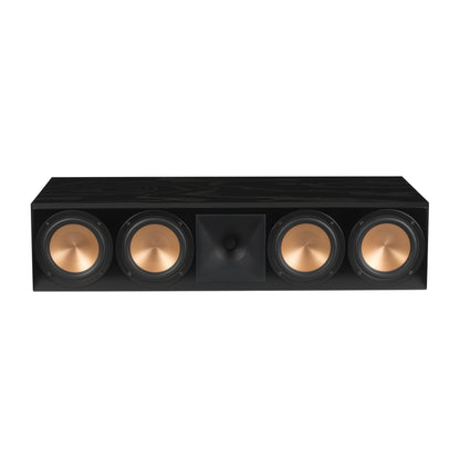 Klipsch RC-64 III front view in Black Ash showing titanium horn tweeter and four Cerametallic woofers