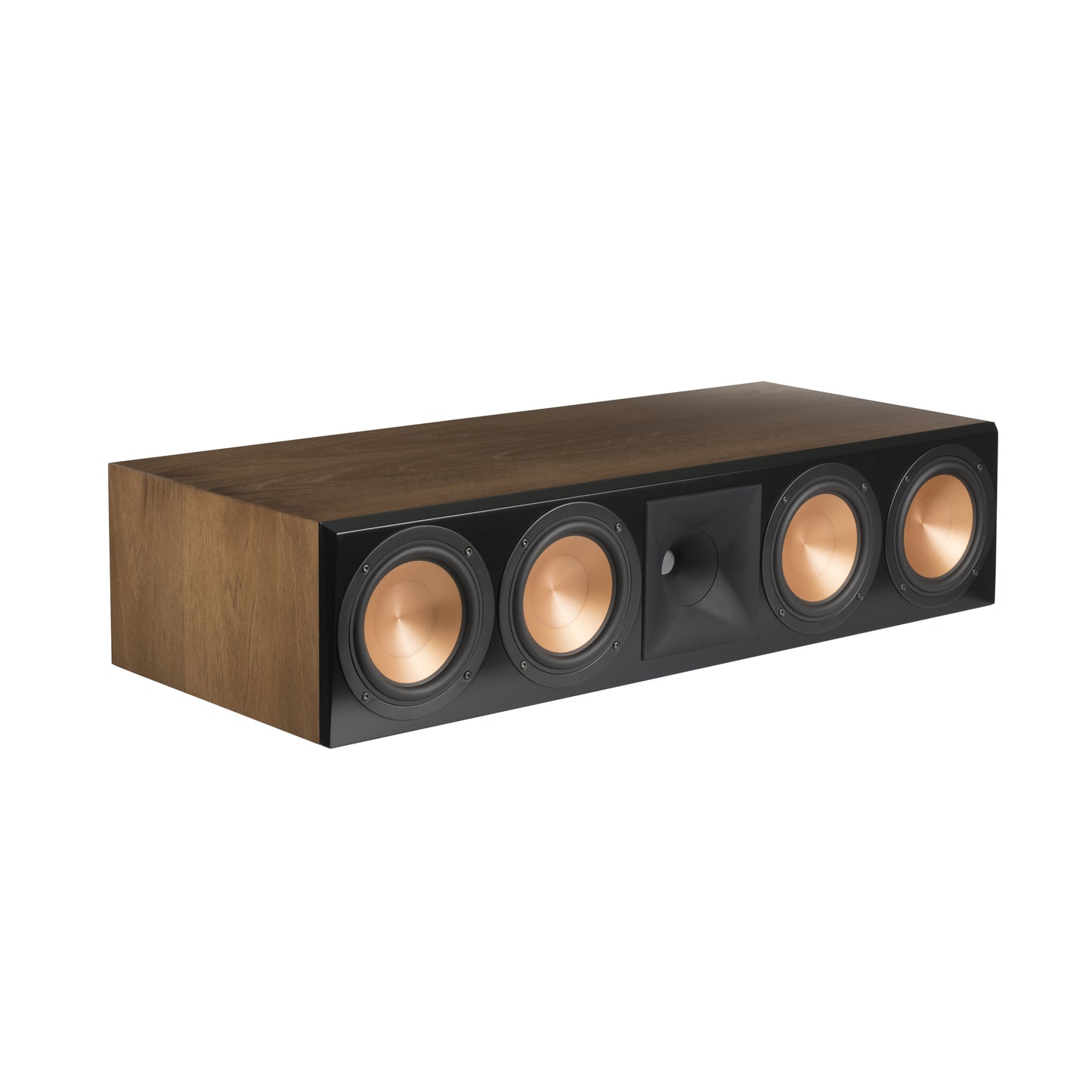 Klipsch RC-64 III center channel in Walnut, angled view without grille