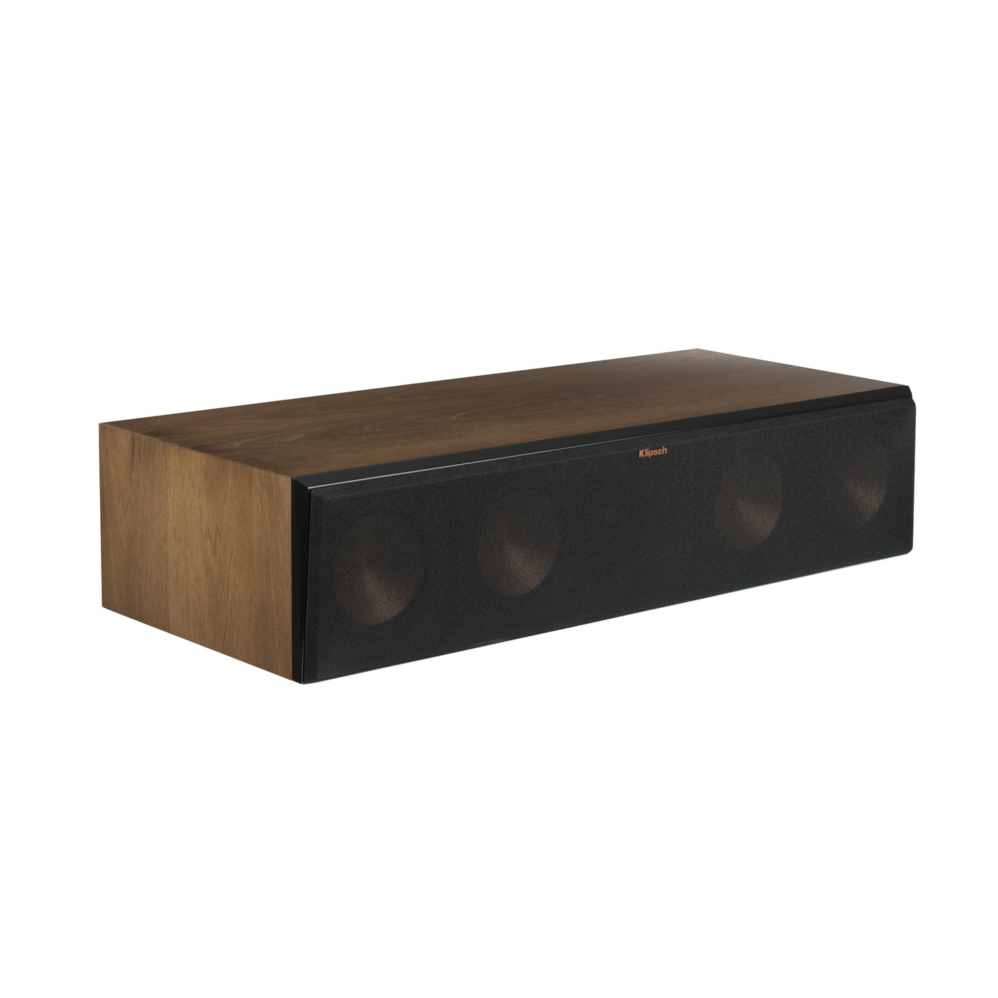 Klipsch RC-64 III in Walnut with grille attached, angled view