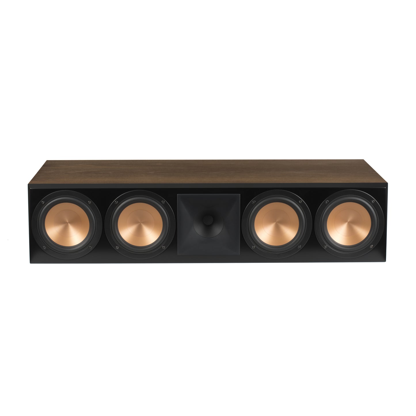 Klipsch RC-64 III front view in Walnut with centered horn tweeter and four woofers