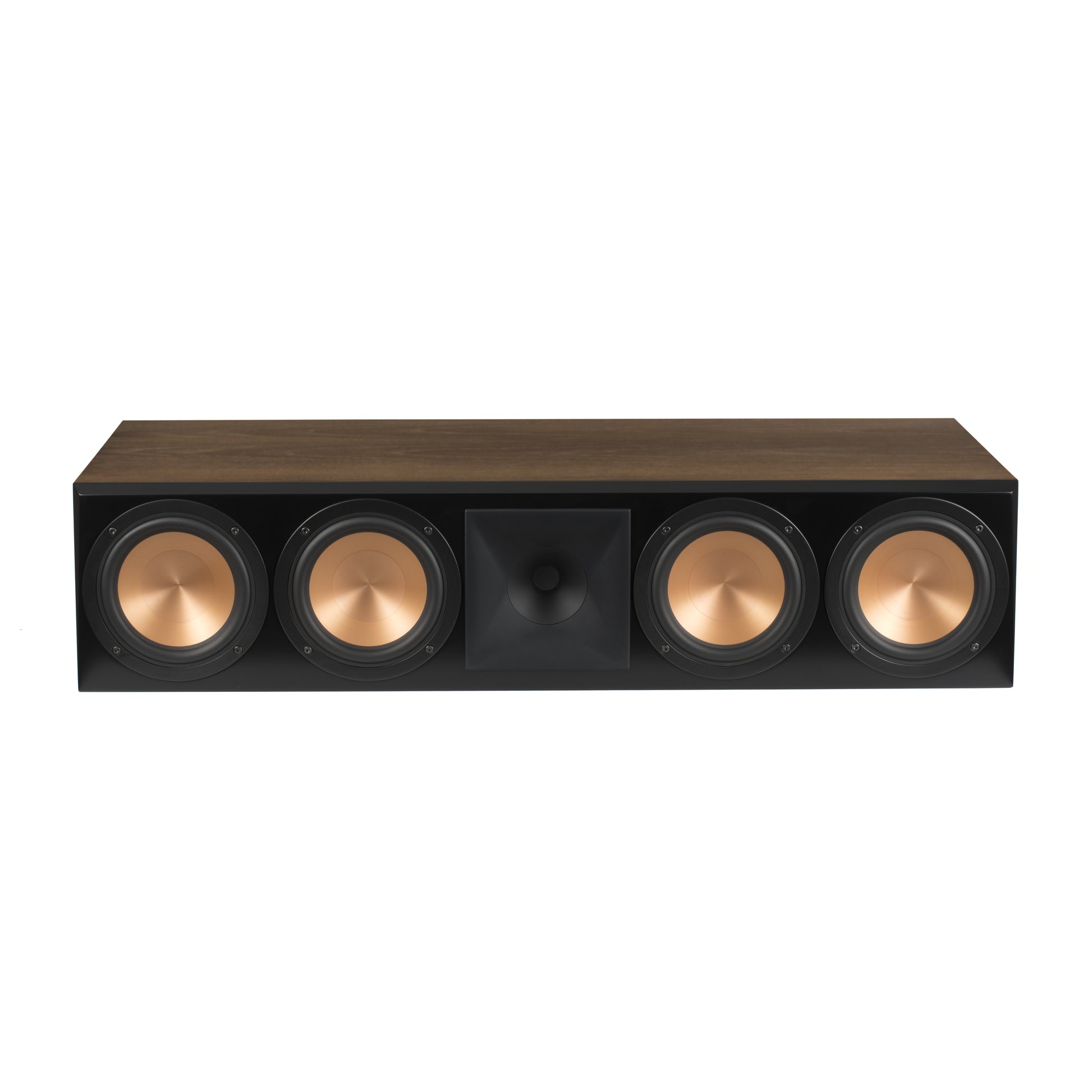 Klipsch RC-64 III front view in Walnut with centered horn tweeter and four woofers
