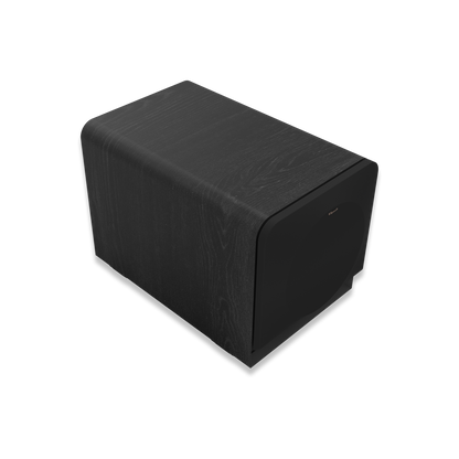 Klipsch RP-1000SW subwoofer with grille removed showing 10-inch Cerametallic woofer