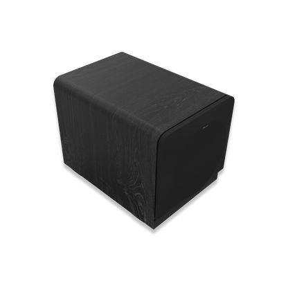 Klipsch RP-1200SW subwoofer with grille removed showing 12-inch Cerametallic woofer