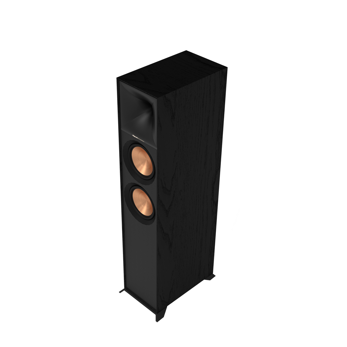 Klipsch R-600F floorstanding speaker in black, front view with grille removed