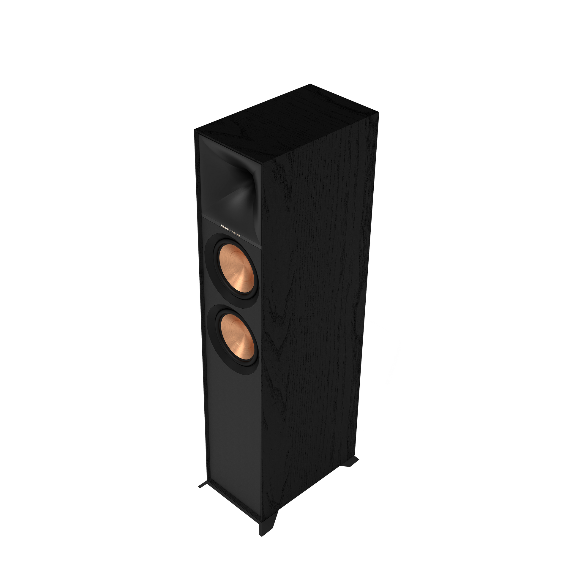 Klipsch R-600F floorstanding speaker in black, front view with grille removed