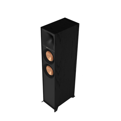 Klipsch R-600F floorstanding speaker in black, front view with grille removed