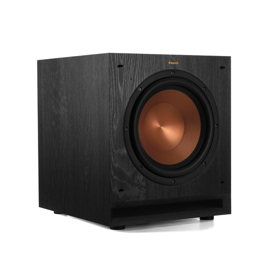 Klipsch SPL-100 ebony subwoofer front angle, grille removed