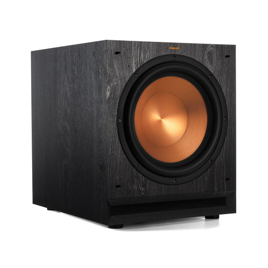 Klipsch SPL-120 subwoofer in Ebony, angled view with 12-inch spun-copper Cerametallic woofer exposed