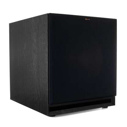 Klipsch SPL-150 ebony subwoofer front angle with grille on