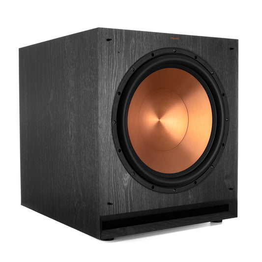 Klipsch SPL-150 ebony subwoofer front angle, grille removed