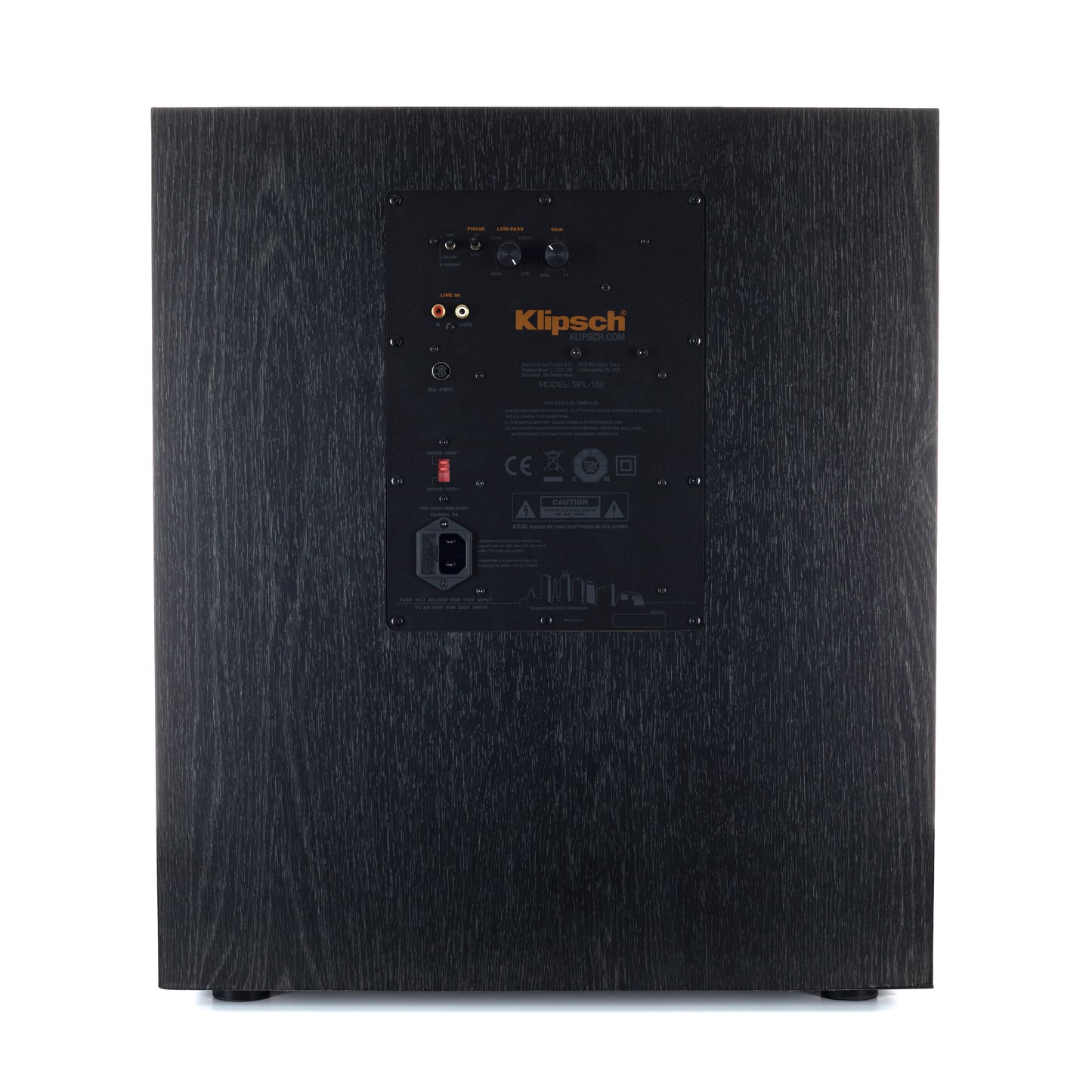 Klipsch SPL-150 subwoofer rear panel with amplifier controls