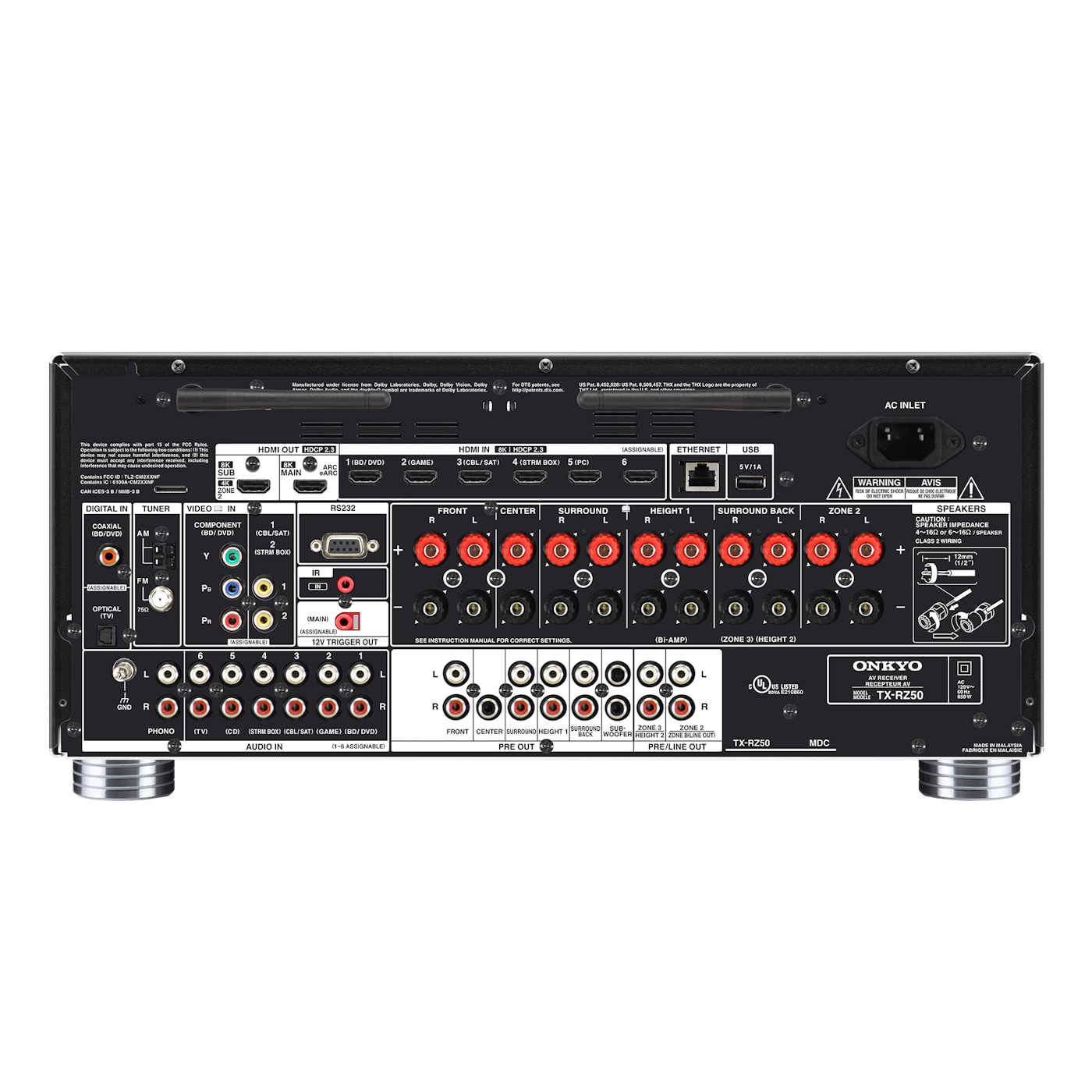 Onkyo TX-RZ50 AV receiver in black, rear panel connections
