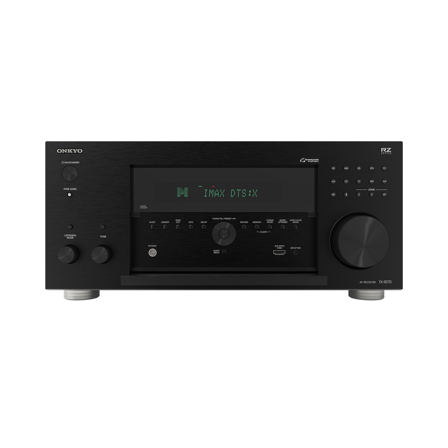 Onkyo TX-RZ70 AV receiver in black, front panel with flap open