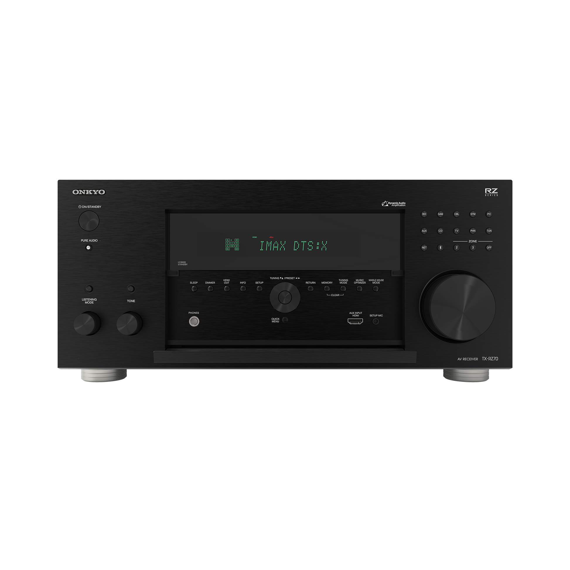 Onkyo TX-RZ70 AV receiver in black, front panel with flap open
