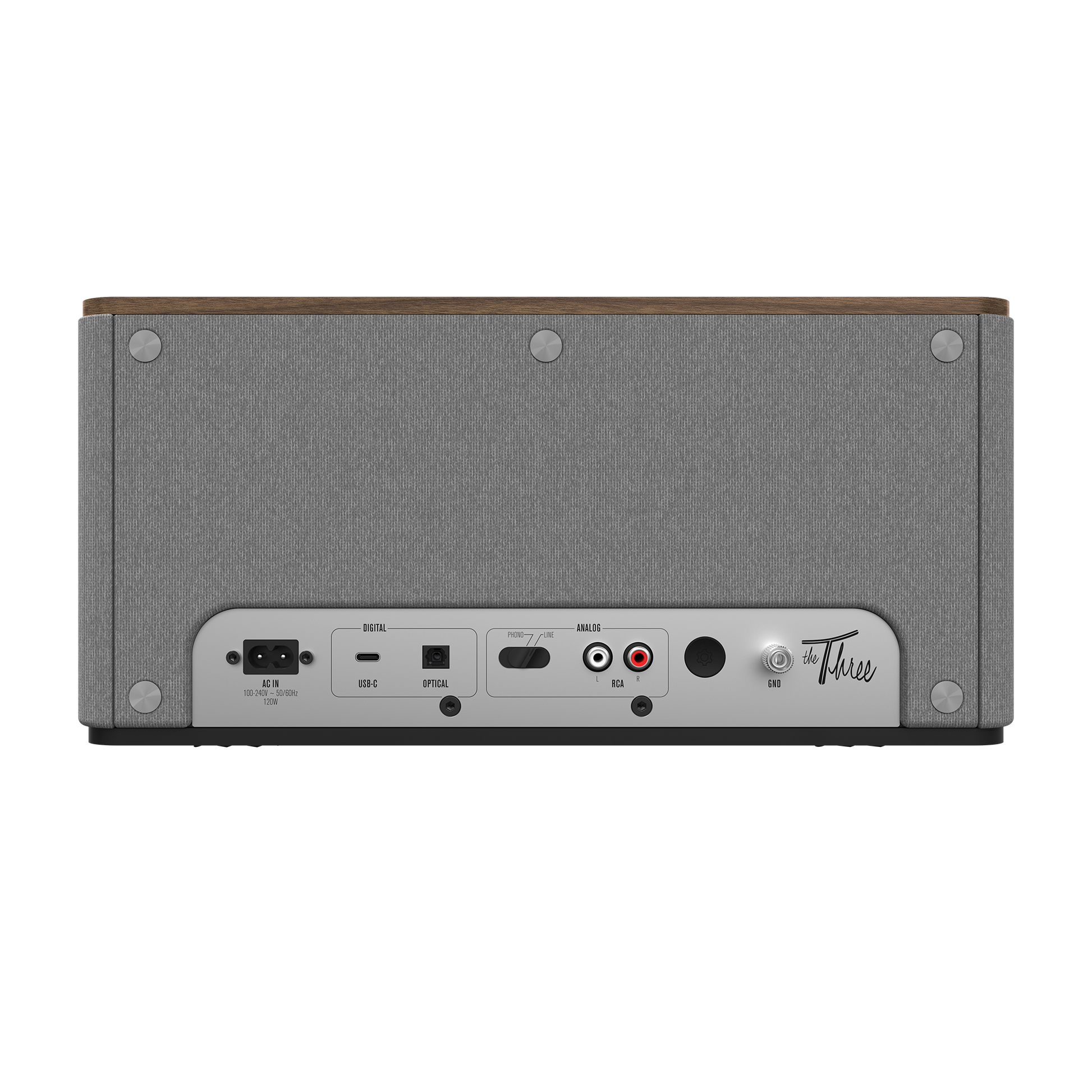 Klipsch The Three Plus in Walnut, rear panel with phono, USB-C and optical inputs