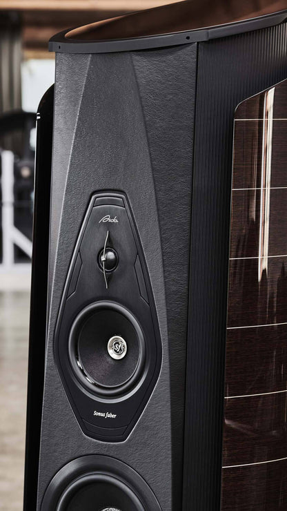 Aida floorstanding loudspeaker by Sonus faber in Wenge high gloss and Black leather finishes.