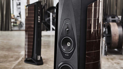 Aida floorstanding loudspeaker by Sonus faber in Wenge high gloss and Black leather finishes.