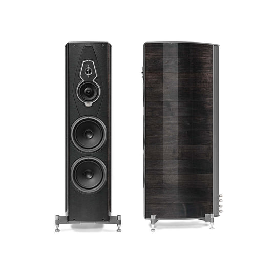 A front and side view of the Sonus faber Amati G5 floorstanding speakers in wenge high gloss wood from the Homage collection.
