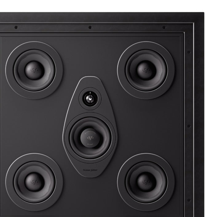 Close-up of the Sonus faber Arena 1 3-way in-wall speaker without the grille, emphasizing its detailed Italian design.