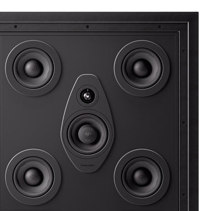 Close-up of the Sonus faber Arena 1 3-way in-wall speaker without the grille, emphasizing its detailed Italian design.