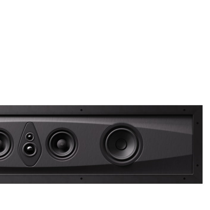 Close-up of the Sonus faber Arena 30H 4-way in-wall speaker without the grille, emphasizing its detailed Italian design.