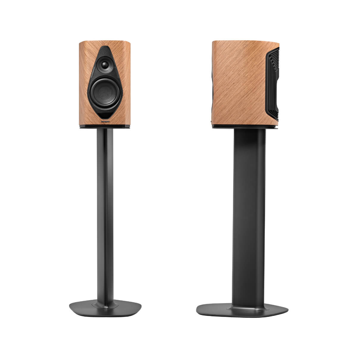 A front view of the Sonus faber Duetto wireless bookshelf speaker on a stand in walnut wood finish.