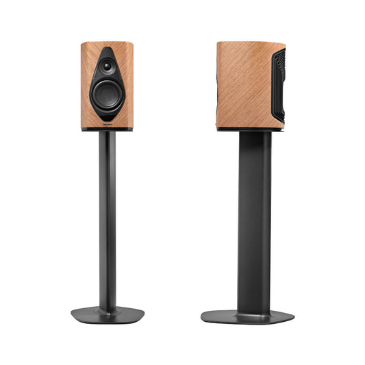 A front view of the Sonus faber Duetto wireless bookshelf speaker on a stand in walnut wood finish.