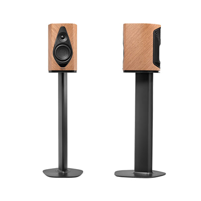 A front view of the Sonus faber Duetto wireless bookshelf speaker on a stand in walnut wood finish.