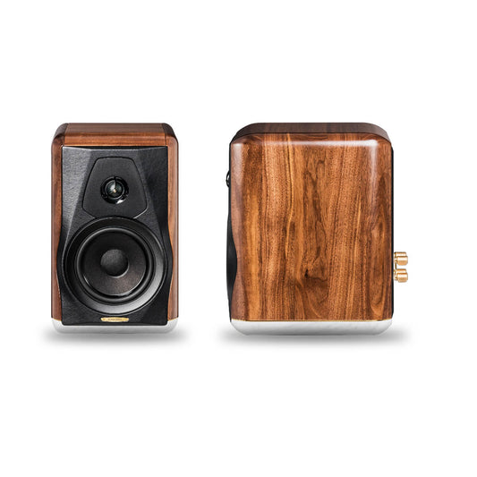 A front view of the Sonus faber Electa Amator III bookshelf speakers in walnut wood with a leather front baffle on a stand with a marble base.