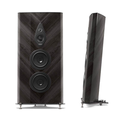 A front and side view of the Sonus faber Stradivari G2 floorstanding speakers in graphite high gloss wood from the Homage collection.