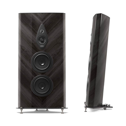 A front and side view of the Sonus faber Stradivari G2 floorstanding speakers in graphite high gloss wood from the Homage collection.