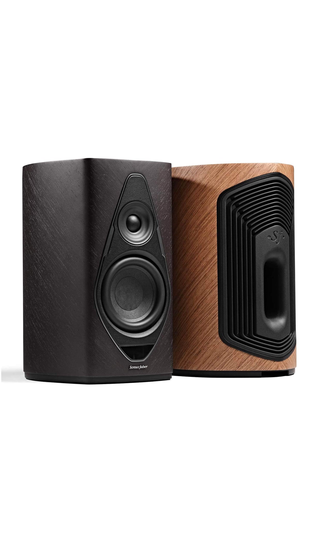 Duetto wireless speakers with front and back designs, featuring walnut and graphite wood and black leather finishes.