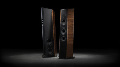 A pair of Sonus faber Il Cremonese floorstanding loudspeakers in Walnut high gloss wood with black inlays and black leather.
