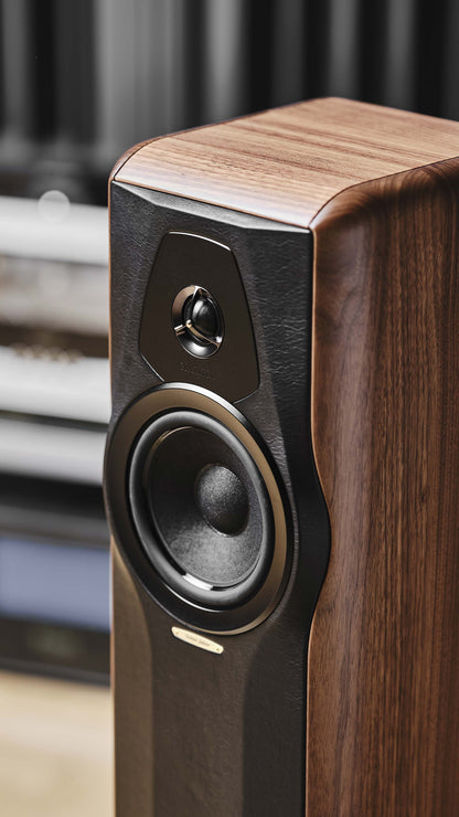 Close-up of the Sonus faber Maxima Amator in solid walnut with black leather finishes, showcasing Italian craftsmanship.