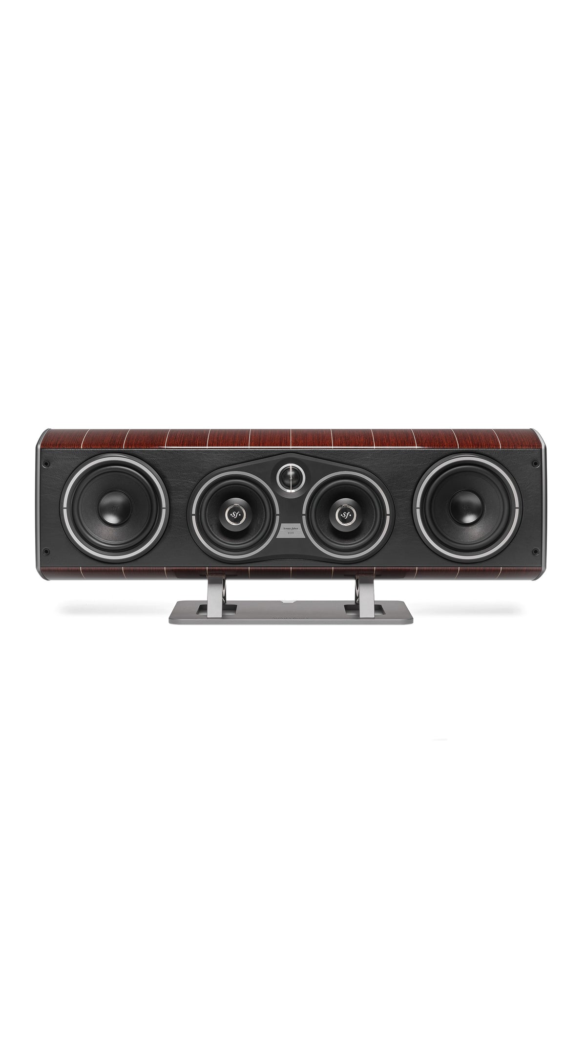 Sonus faber's Vox G3 home cinema speaker, showcasing Wenge Wood and Italian leather finishes.