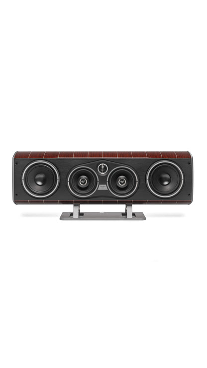 Sonus faber's Vox G3 home cinema speaker, showcasing Wenge Wood and Italian leather finishes.