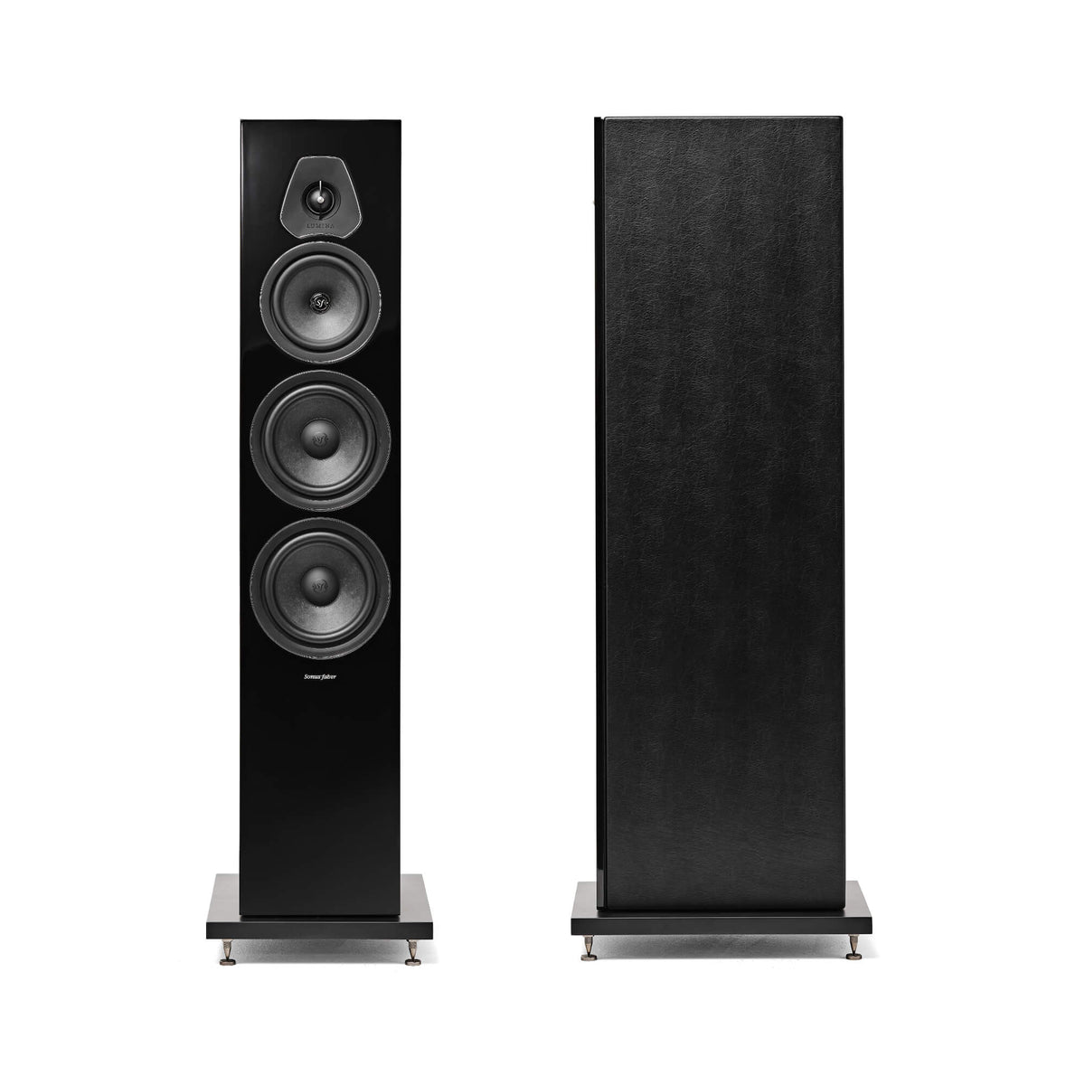 A front view of the Sonus faber Lumina Amator II bookshelf speaker with a high gloss wenge wood finish.