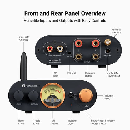 Fosi Audio MC101 - Bluetooth Stereo Amplifier with VU Meter 2CH HiFi Receiver