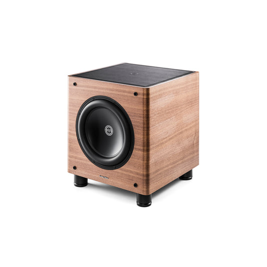 A 45-degree view of the Sonus faber Gravis II Subwoofer in walnut wood finish.
