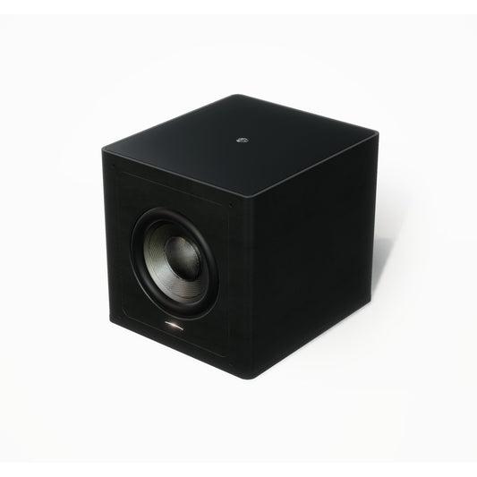A 45-degree view of the Sonus faber Gravis III Subwoofer in black finish with black leather sides.