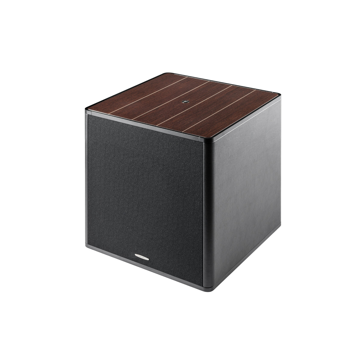A 45-degree view of the Sonus faber Gravis V Subwoofer in wenge wood finish with black leather sides.
