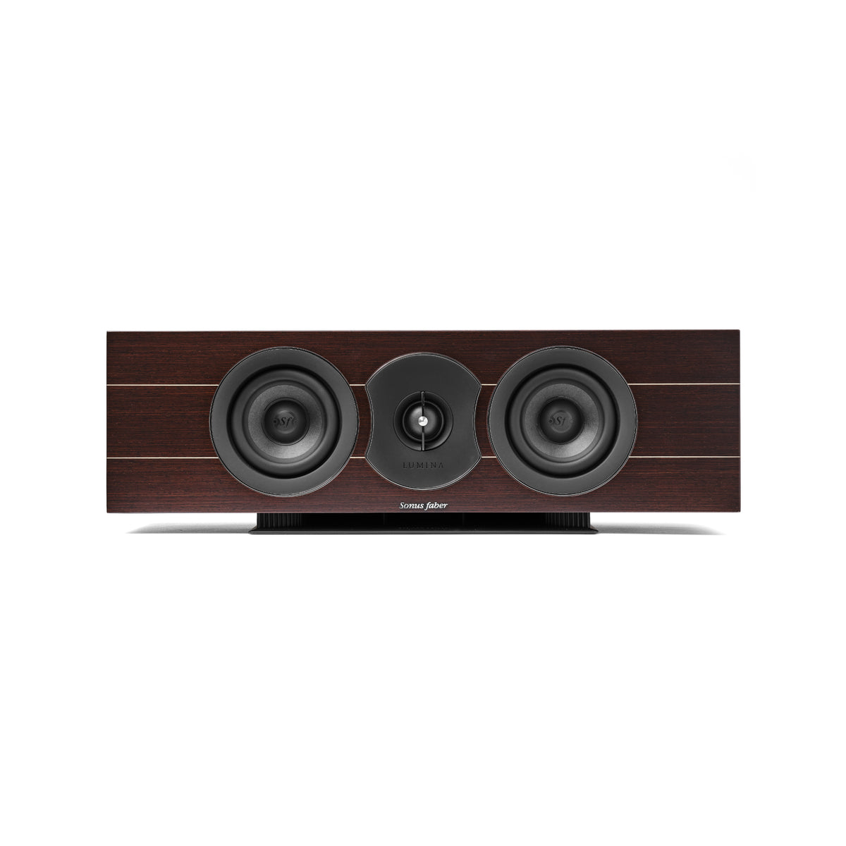 A front view of the Sonus faber Lumina Center Channel I speaker in wenge wood.