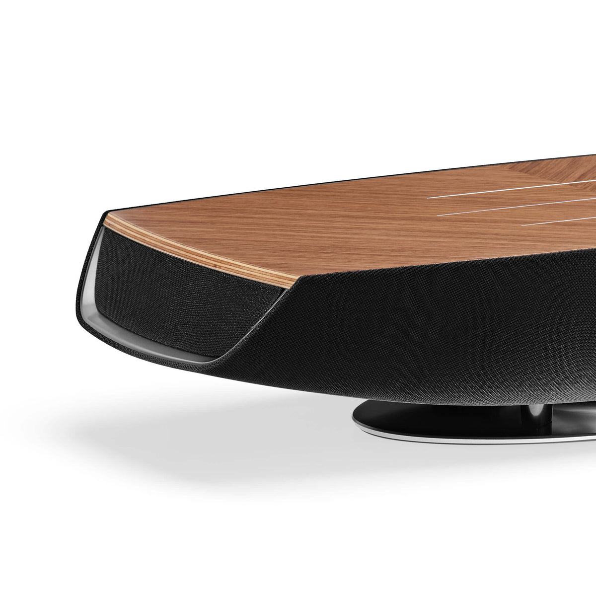 Sonus faber Omnia wireless bookshelf speaker in Walnut, Black fabric, and Aluminum/Titanium finishes.